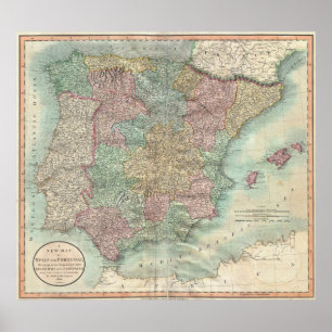 Poster Carte vintage de l'Espagne et du Portugal (1801)