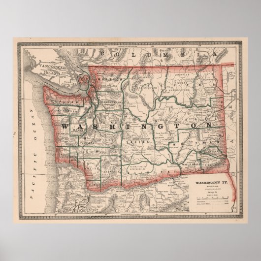 Poster Carte vintage de l'État de Washington (1883) (Devant)