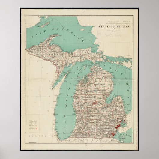 Poster Carte Vintage de l'état du Michigan (Devant)