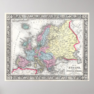 Poster Carte vintage de l'Europe, 1860