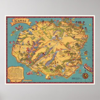 Poster Carte vintage de l'île de Kauai