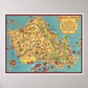 Poster Carte vintage de l'île d'Oahu