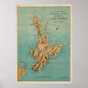 Poster Carte Vintage de l'île du Nord de la Nouvelle-Zéla