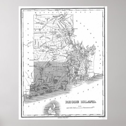 Poster Carte vintage de l'île Rhode (1827) BW (Devant)
