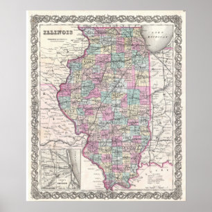 Poster Carte vintage de l'Illinois (1855)