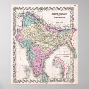 Poster Carte vintage de l'Inde (1855)