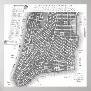 Poster Carte vintage de Lower New York City (1807) BW