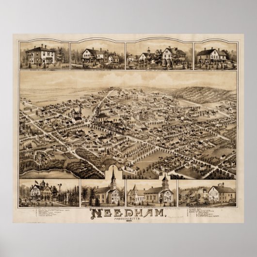 Poster Carte vintage de Needham MA (1887) (Devant)