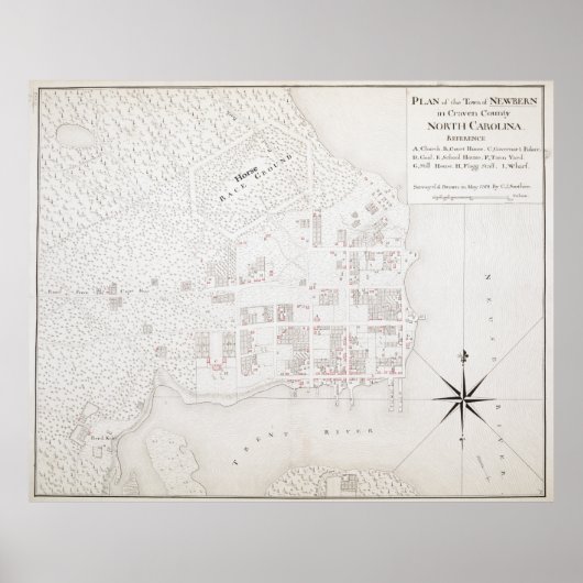 Poster Carte vintage de New Bern NC (1769) (Devant)