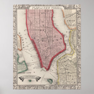 Poster Carte vintage de New York et Brooklyn 1860