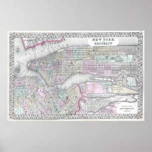 Poster Carte vintage de NYC et de Brooklyn (1867)