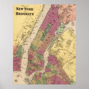 Poster Carte vintage de NYC et de Brooklyn (1868)
