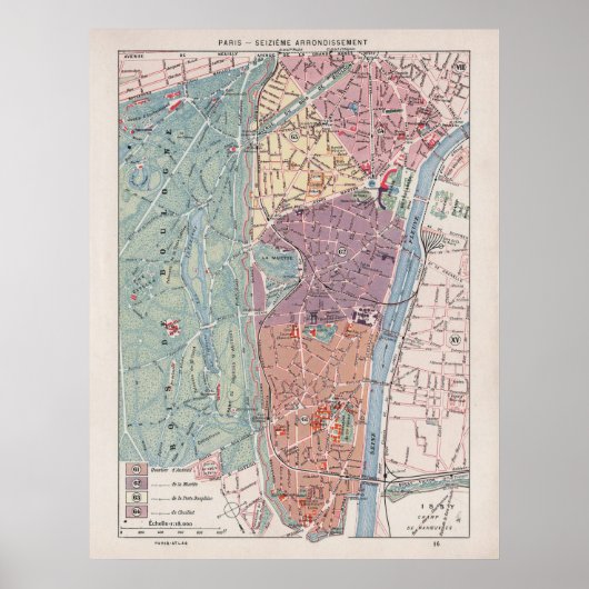 Poster Carte vintage de Paris, 1900 - 16e Arrondissement (Devant)