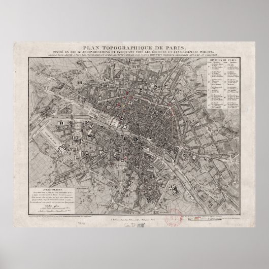 Poster Carte vintage de Paris France (1837) (Devant)