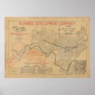 Poster Carte vintage de Roanoke VA (1890)