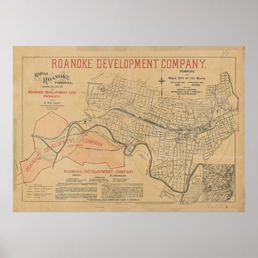 Poster Carte vintage de Roanoke VA (1890) (Devant)