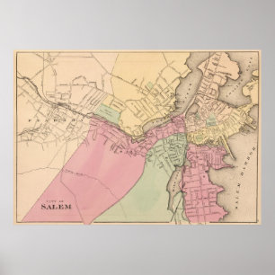 Poster Carte vintage de Salem le Massachusetts (1871)