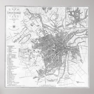 Poster Carte vintage de Sheffield Angleterre (1823)