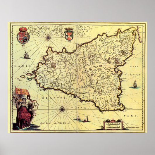 Poster Carte vintage de Sicile Italie (1600) (Devant)