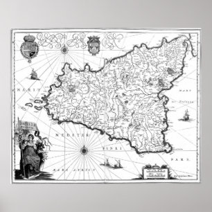 Poster Carte vintage de Sicile Italie (1600s) BW