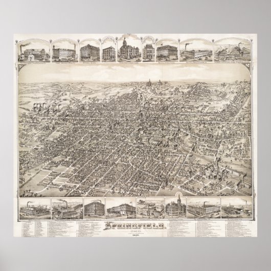 Poster Carte vintage de Springfield Ohio (1884) (Devant)