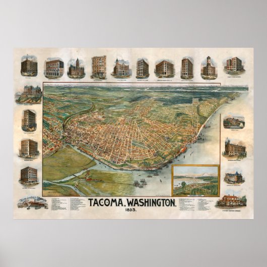 Poster Carte vintage de Tacoma WA (1893) (Devant)