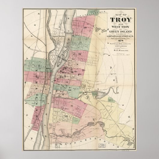 Poster Carte vintage de Troy NY (1874) (Devant)