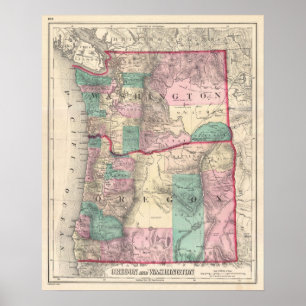 Poster Carte vintage de Washington et de l'Orégon (1875)