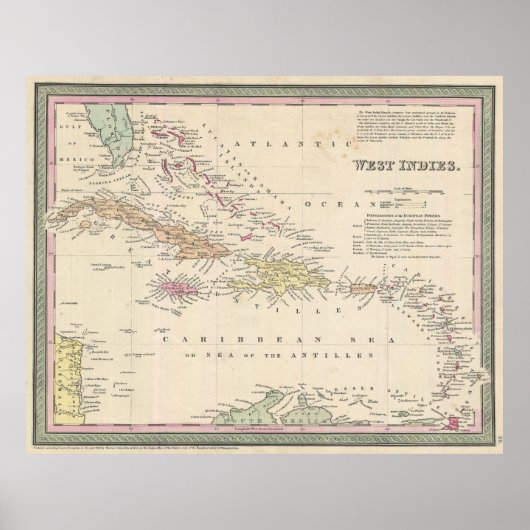 Poster Carte vintage des Caraïbes (1850) (Devant)