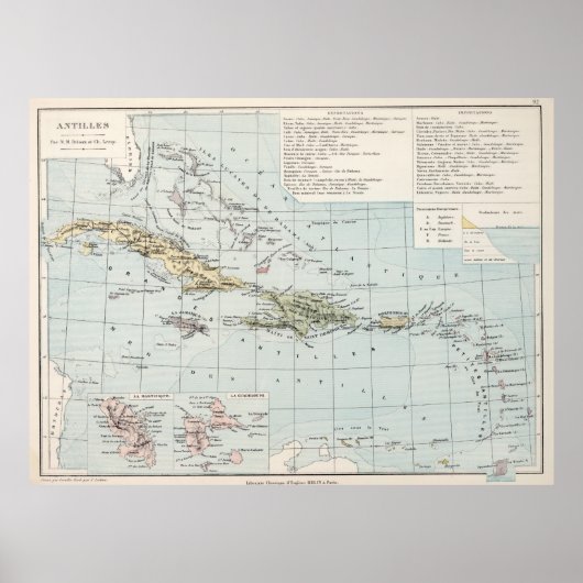 Poster Carte vintage des Caraïbes (1886) (Devant)