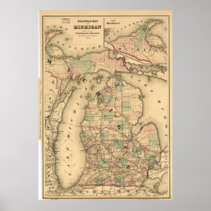 Poster Carte vintage des chemins de fer du Michigan (1876