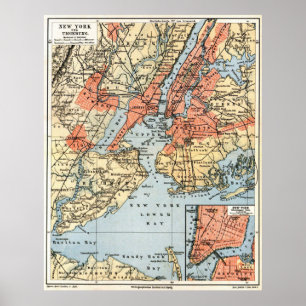 Poster Carte vintage des environs de New York (1890)