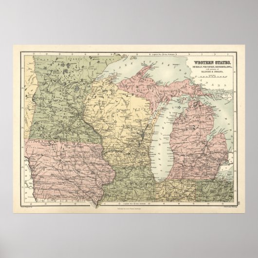 Poster Carte vintage des États du centre de l'Ouest, 1837 (Devant)