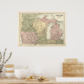 Poster Carte vintage des États du centre de l'Ouest, 1837 (Cuisine)