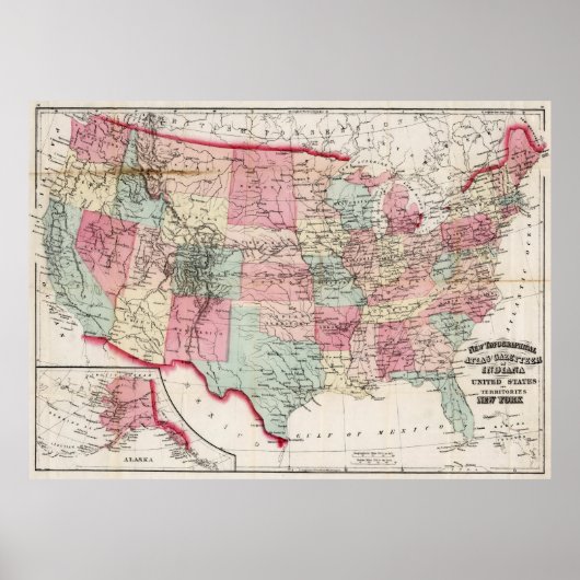 Poster Carte vintage des États-Unis (1870) (Devant)
