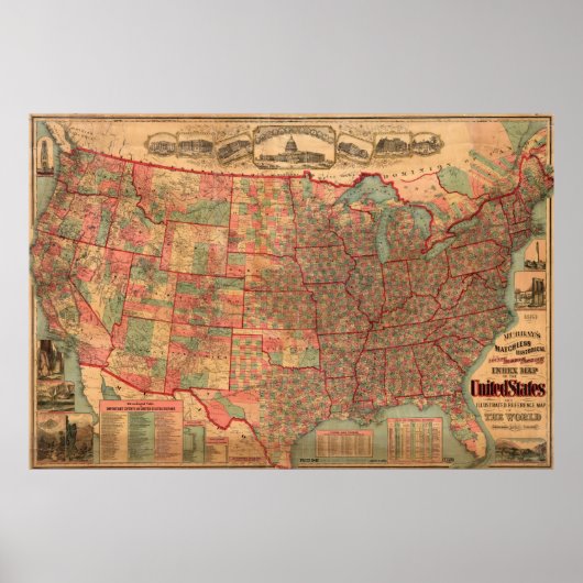Poster Carte vintage des États-Unis (1883) (Devant)