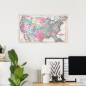 Poster Carte vintage des États-Unis d'Amérique (1857) (Bureau à domicile)