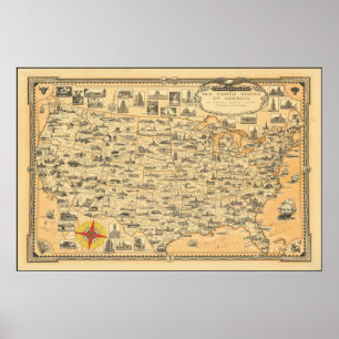 Poster Carte vintage des Etats-Unis d'Amérique USA USA