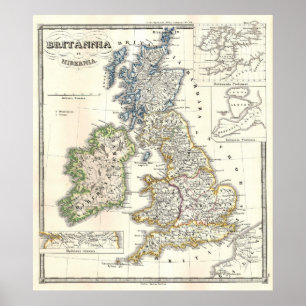 Poster Carte vintage des îles britanniques (1855)