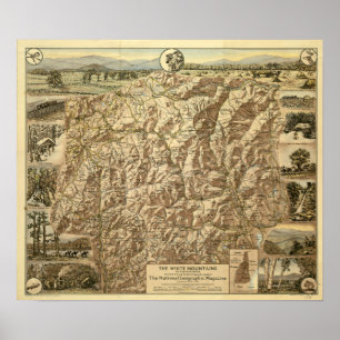 Poster Carte vintage des montagnes blanches New Hampshire
