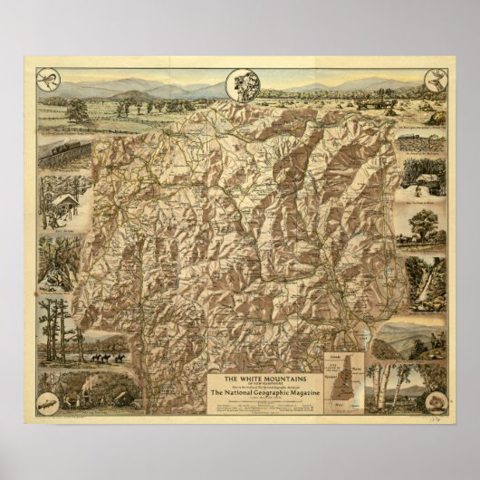 Poster Carte vintage des Montagnes Blanches New Hampshire (Devant)