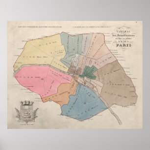 Poster Carte vintage des quartiers de Paris (1836)