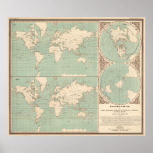 Poster Carte vintage d'isotherme du monde (1850)
