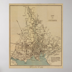 Poster Carte vintage d'Oslo Norvège (1881)