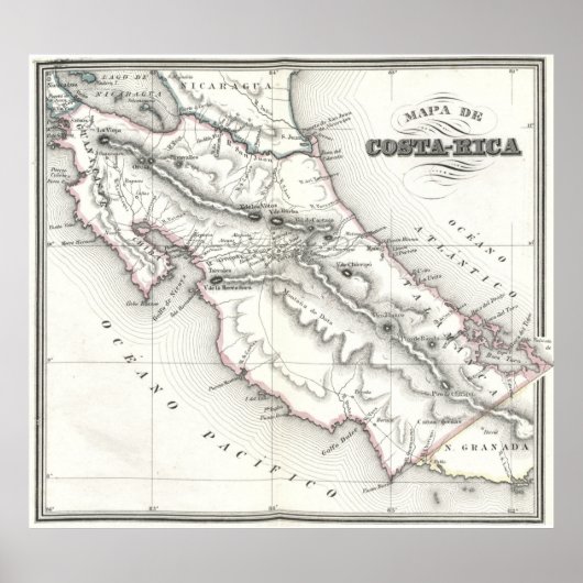 Poster Carte vintage du Costa Rica (1851) (Devant)