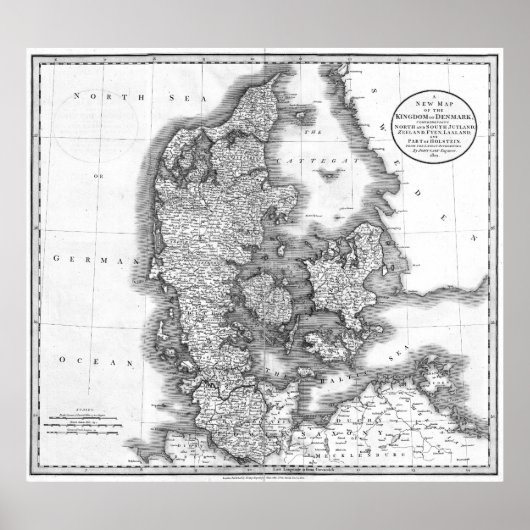 Poster Carte vintage du Danemark (1801) BW (Devant)