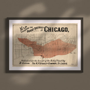 Poster Carte vintage du grand feu de Chicago, 1871