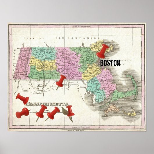 Poster Carte vintage du Massachusetts (1827) Marqueur de  (Devant)
