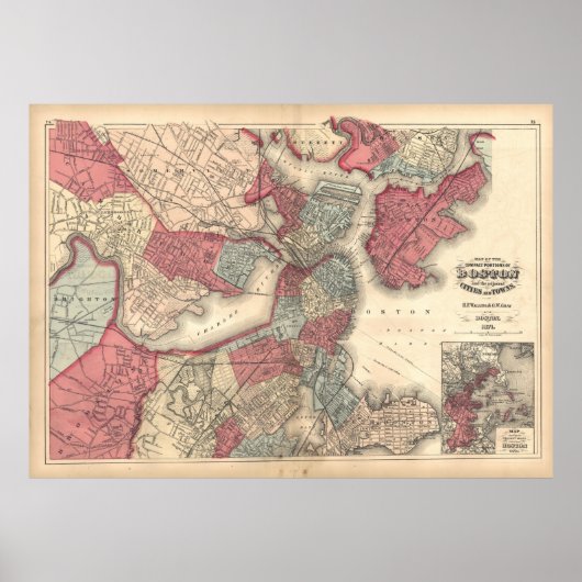 Poster Carte vintage du Massachusetts de Boston (1871) (Devant)