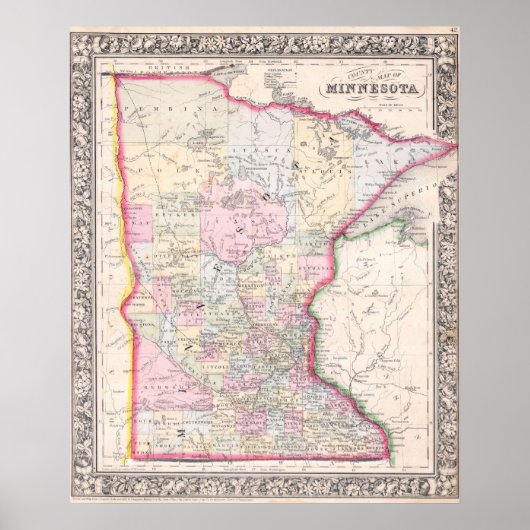 Poster Carte vintage du Minnesota (1864) (Devant)